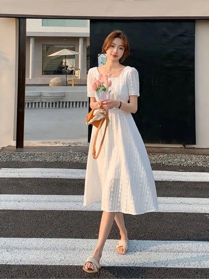 vmtvr French White Women Summer Vintage New Elegant Dresses Square Collar Slim Fairy Long Dress Office Lady Robe 2024 Female Clothing