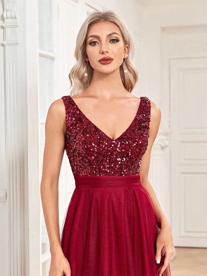 vmtvr - Elegant V-Neck Sleeveless Sequin Floor Length Evening Dress Red Prom Party Luxury Cocktail Dress Robe For Women