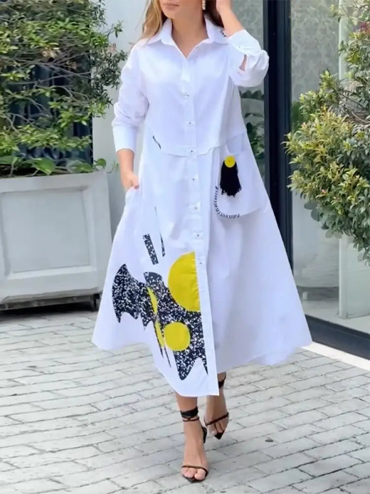 vmtvr  -  Women Fashion Elegant Printed Lapel Shirt Dress New Spring Autumn Long Sleeves Loose Casual Going Out Midi Dresses