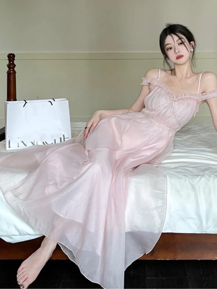 Summer Women Sweet Pink Fairy Chiffon Midi Dress Korean Elegant One-piece A-Line Vestidos Female Clothing Mujers