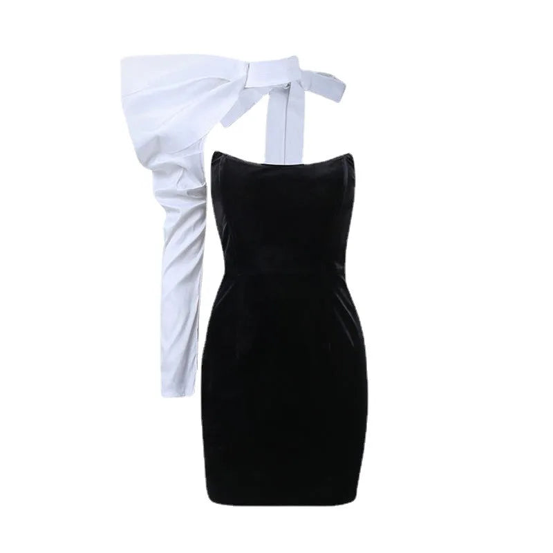 vmtvr Irregular Cow Horn Sleeves Bra Dress Spring And Summer Women's Special Single Room Bow Fishbone Elastin Slim Fit Evening Dress