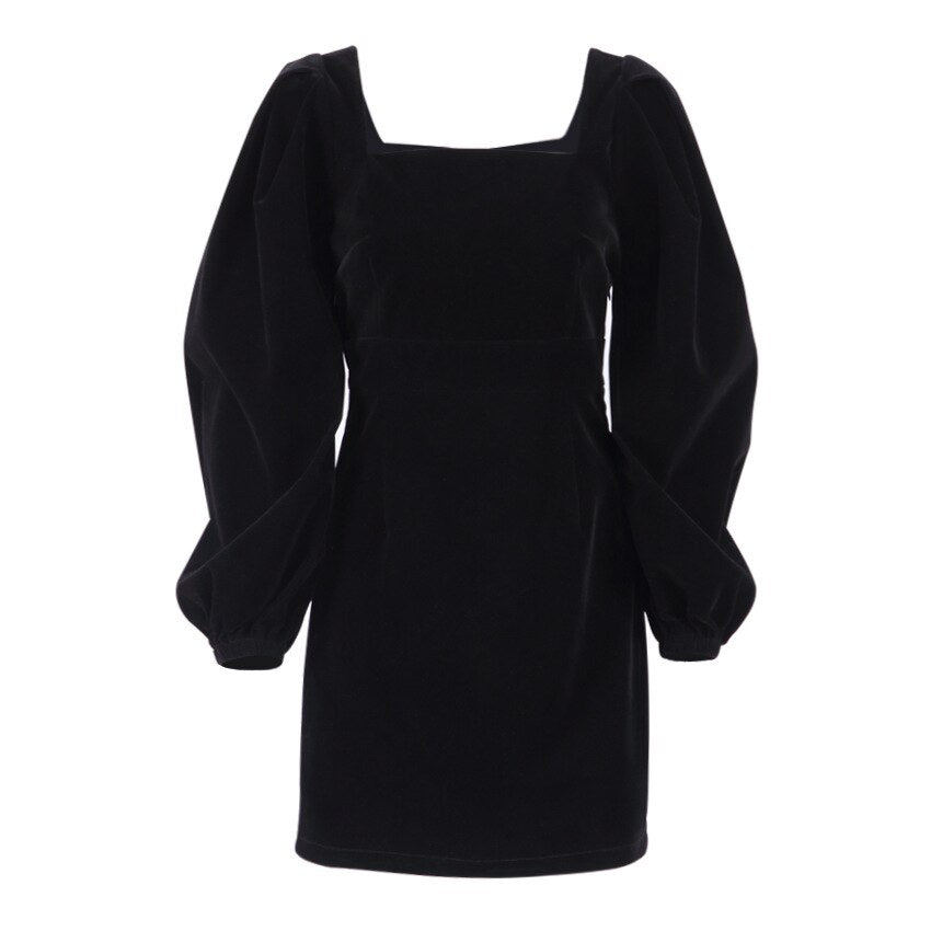 Square Collar Black Bubble Sleeve Long Sleeve Velvet Dress Autumn Winter Mini Length Zipper for Party Sexy 2023 New Arrivals