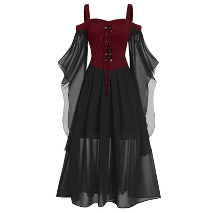 vmtvr  -  New Medieval Witch Dress For Women Halloween Carnival Women Plus Size Cold Shoulder Butterfly Sleeve Halloween Gothic Dress