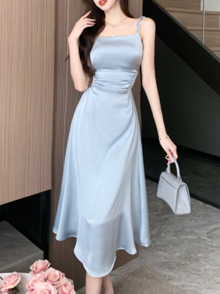 vmtvr Summer Sexy Spaghetti Strap Satin Party Dresses Women Fashion Vintage Bodycon Slim Birthday Vestidos Female Chic Solid Robe