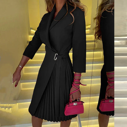 vmtvr  -  Elegant Lapel Waist Blazer Dress Women Casual Puff Long Sleeve Solid Dress Fashion Double Breasted Button With Belt Mini Dresses