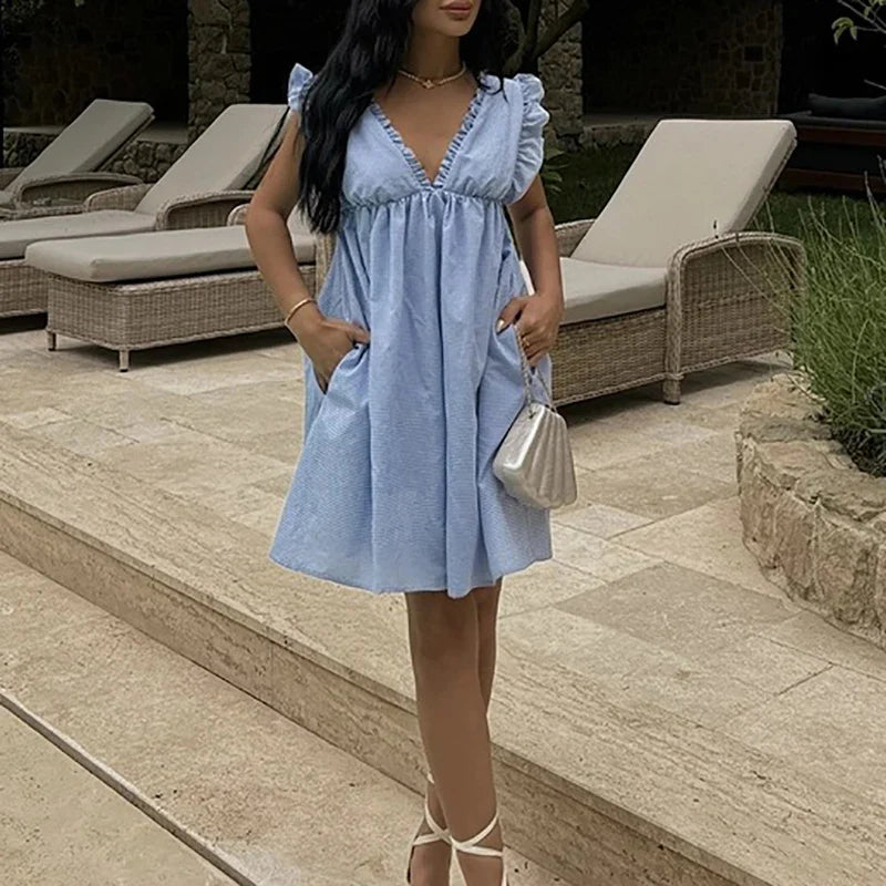 vmtvr  -  Elegant Draped V-Neck Sweet Mini Dress Women Casual Sleeveless Loose A-Line Dress Summer Fashion Plaid Print Pockte Party Dress