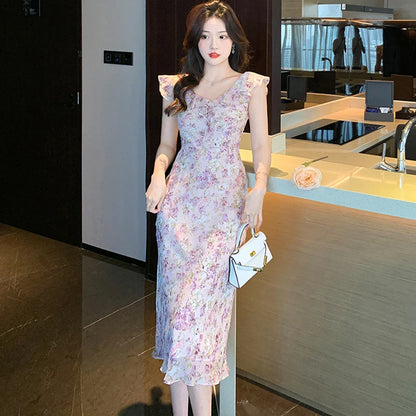 vmtvr Boho Fashion Floral Elegant Casual Women's Dress Summer Chic Ruffled V-Neck Sling Long Dress 2024 New Bodycon Holiday Prom Dress