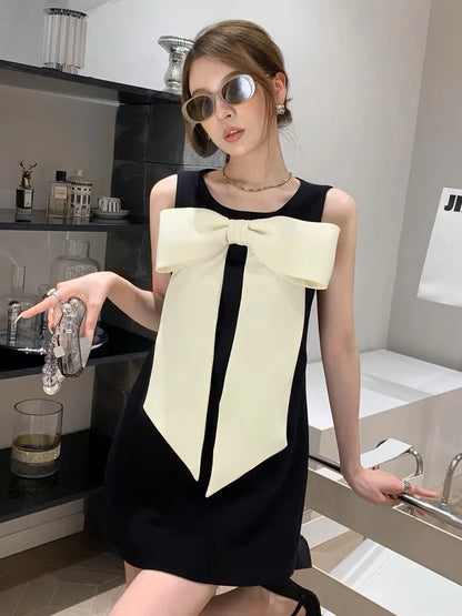 vmtvr  -  French Elegant Fashion Small Fragrant Sleeveless Big Bow Summer Dress For Women Korean Office Lady Formal Mini Dresses Robe