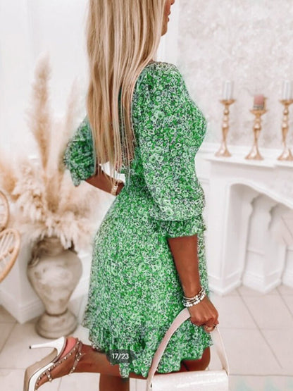 vmtvr - Dress for Women Sexy V-neck 2023 New Midi Dress Bohemian Print Short-sleeved Floral Dress with A Nipped-in Waist Pullover