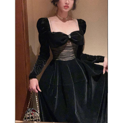 vmtvr Winter One Piece Dress Korean Ladies Black Fashion Elegant Velvet Dress Female Vintage Long Sleeve Evening Party Midi Dress