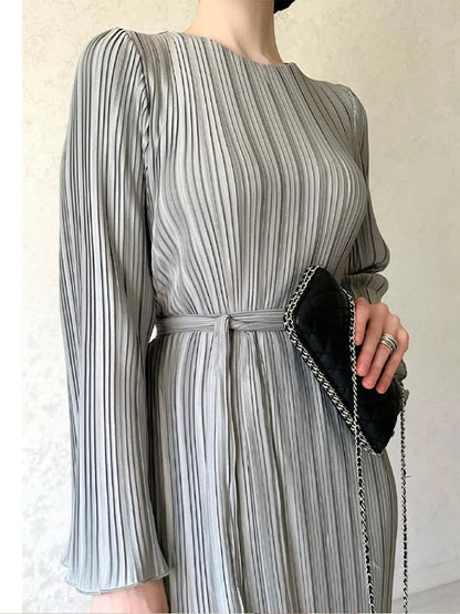 vmtvr  -  Elegant Pleated Maxi Dresses Women Fashion Belt Solid Flare Sleeve O-neck Dress Female Spring Summer Ruffles Robe Outwear