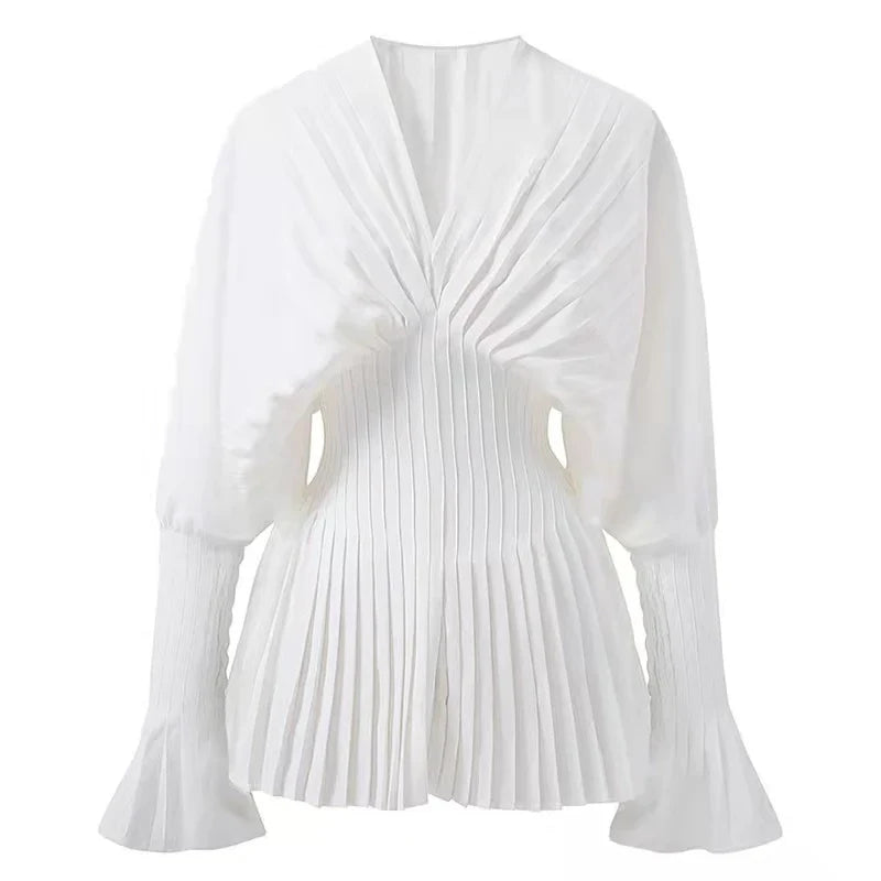 vmtvr Elegant Women Loose White V-Neck Pleated Shirts Female Lantern Full Sleeve Tops Blouses Casual Blusas 2024 Spring Summer