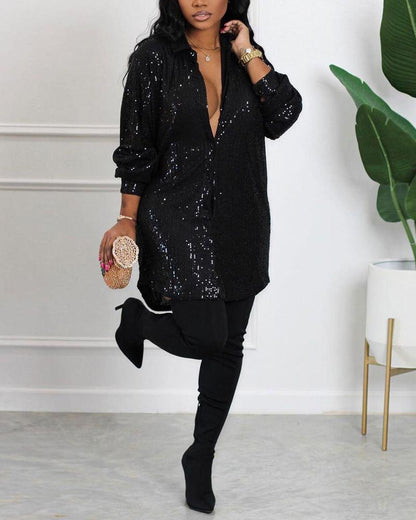 Women Fashion Elegant Turn-down Collar Mini Casual Loose Dress Oversize Long Sleeve Allover Sequin Shirt Dress