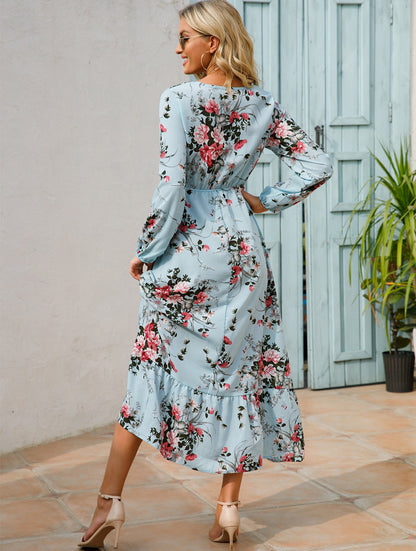 Women Floral Printed Maxi Dresses Spring Summer Casual O Neck Full Sleeve High Waist A Line Boho Beach Party Long Dress Vestidos