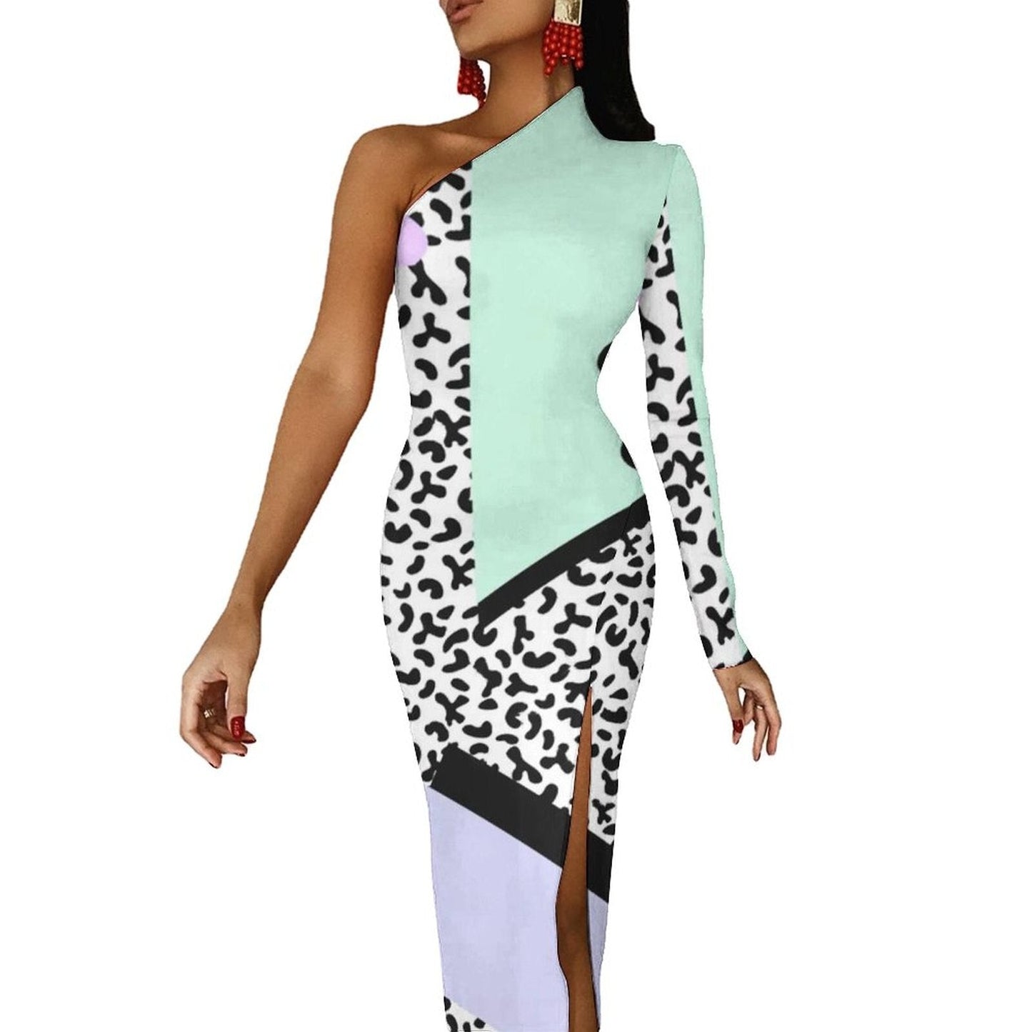 Memphis Retro Maxi Dress Long Sleeve Geometric Colorful Cute Bodycon Dress High Slit Streetwear Long Dresses Print Vestido