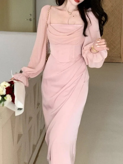 vmtvr Autumn Women Elegant Bodycon Midi Party Dress Long Sleeve Vintage Casual Solid Evening Vestidos Femme Fashion Slim Robe Clothes