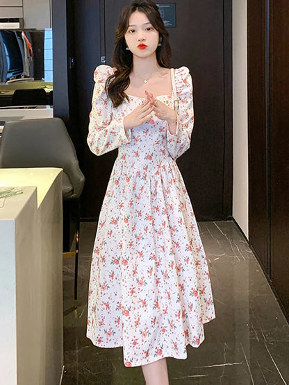 vmtvr 2024 Pink Floral Chiffon Square Collar Sexy Midi Dress Women Boho Fashion Light Casual Dress Autumn Korean Elegant Bodycon Dress