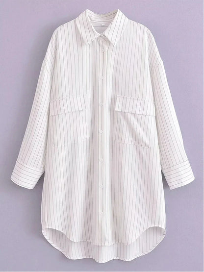 vmtvr  -  White Stripe Shirt Dress Women Autumn Spring Slit Casual Oversize Single Breasted Turn Down Collar Short Summer Dress