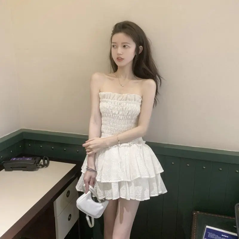 vmtvr Fashion Folds Women Dress Summer Casual Sexy Off Shoulder Female Mini Dresses Y2K Korean Cute Prom Dresses Dress New