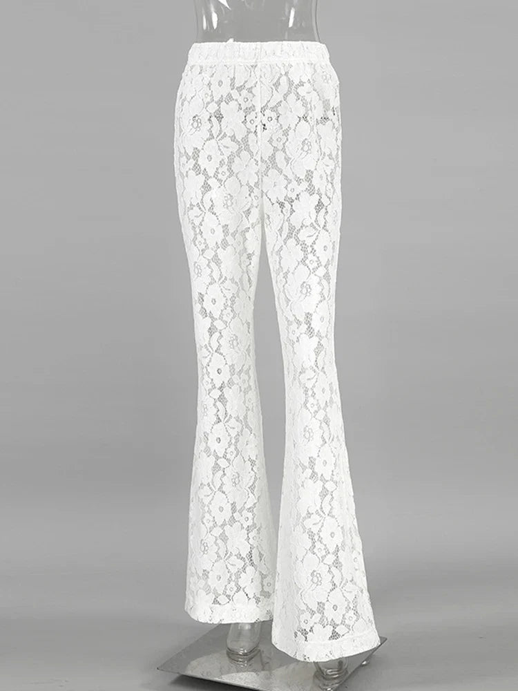 vmtvr 2024 Summer Women Sexy Lace Flare Pants Beach Solid White High Waist Sheer Trousers Female