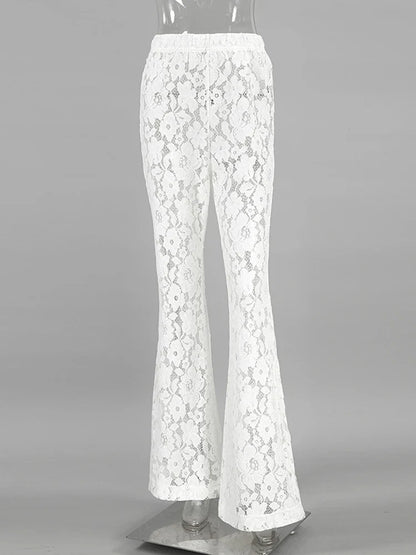 vmtvr 2024 Summer Women Sexy Lace Flare Pants Beach Solid White High Waist Sheer Trousers Female