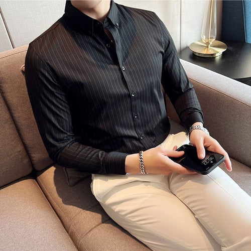 jiaabc British Style Striped Shirts Mens Long Sleeve Silky Slim Casual Shirts Luxury Men Business Social Party Dress Shirt Streetwear