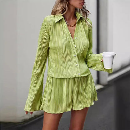 vmtvr Summer Women Casual Loose Two Piece Set Fashion Solid Color Single Breasted Long Sleeve Pant Sets Elegant Lapel Beach Outfits