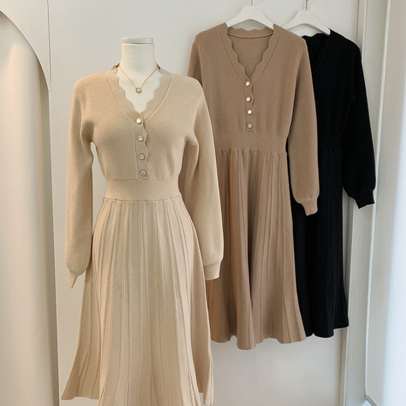 Vintage One Piece Korean Pleated Dress Long Sleeve Slim Woman Sweater Dresses Knitted Elegant Midi Party Woman Dress Autumn 2022