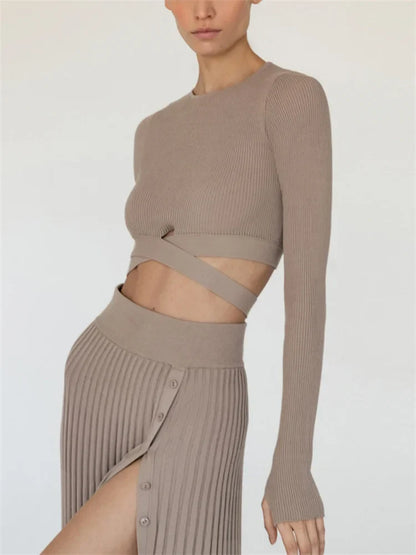 vmtvr New White Knit Two Piece Women Sets Fall Ribbed Crop Top And Pleated Knitted Skirt Suits For Women Midi Dress Sets