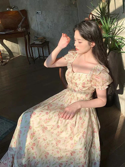 Summer Floral Print Elegant Dress Women France Vintage Evening Party Midi Dresses Female Puff Sleeve Korean Sweet Dress New