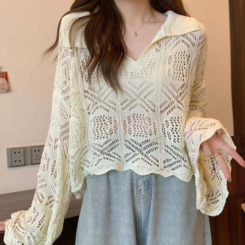 vmtvr Women Sexy Hollow Out Knit Shirts Summer Korean Fashion Loose Sun Protection Blouse Casual Female Flared Long Sleeve Tops