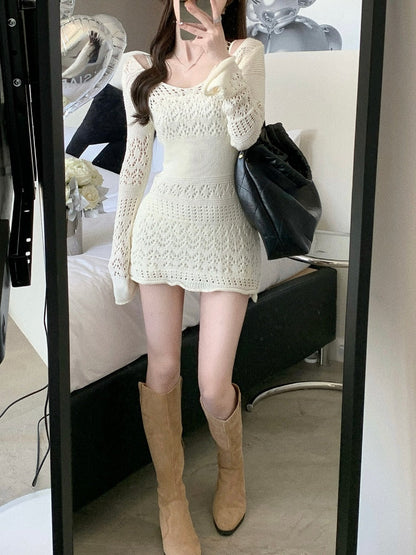 vmtvr - Autumn Elegant Knitted Dress Women Long Sleeve Lace Short Party Dress Korea Fashion Slim Sexy Y2k Mini Dress Female Vintage