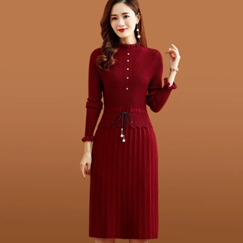 vmtvr - Fake Two Pieces Pleated Knitted Dress Women Vintage Ruffle Long Sleeve Bottoming Sweater Dresses Fall Casual Slim Midi Vestidos