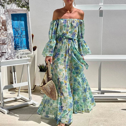 vmtvr  -  Elegant Floral Print Off Shoulder Chiffon Dress Women Casual Flared Sleeve Draped Long Dress Fashion Elastic Waist Bohe Dresses