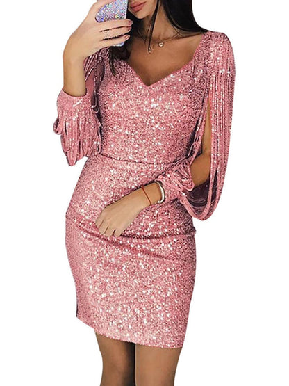 Sexy Women's Party Solid Dresses Sequined Stitching Shining Club Bodycon Long Sleeved Mini Dress Women Casual Fashion Vestidos