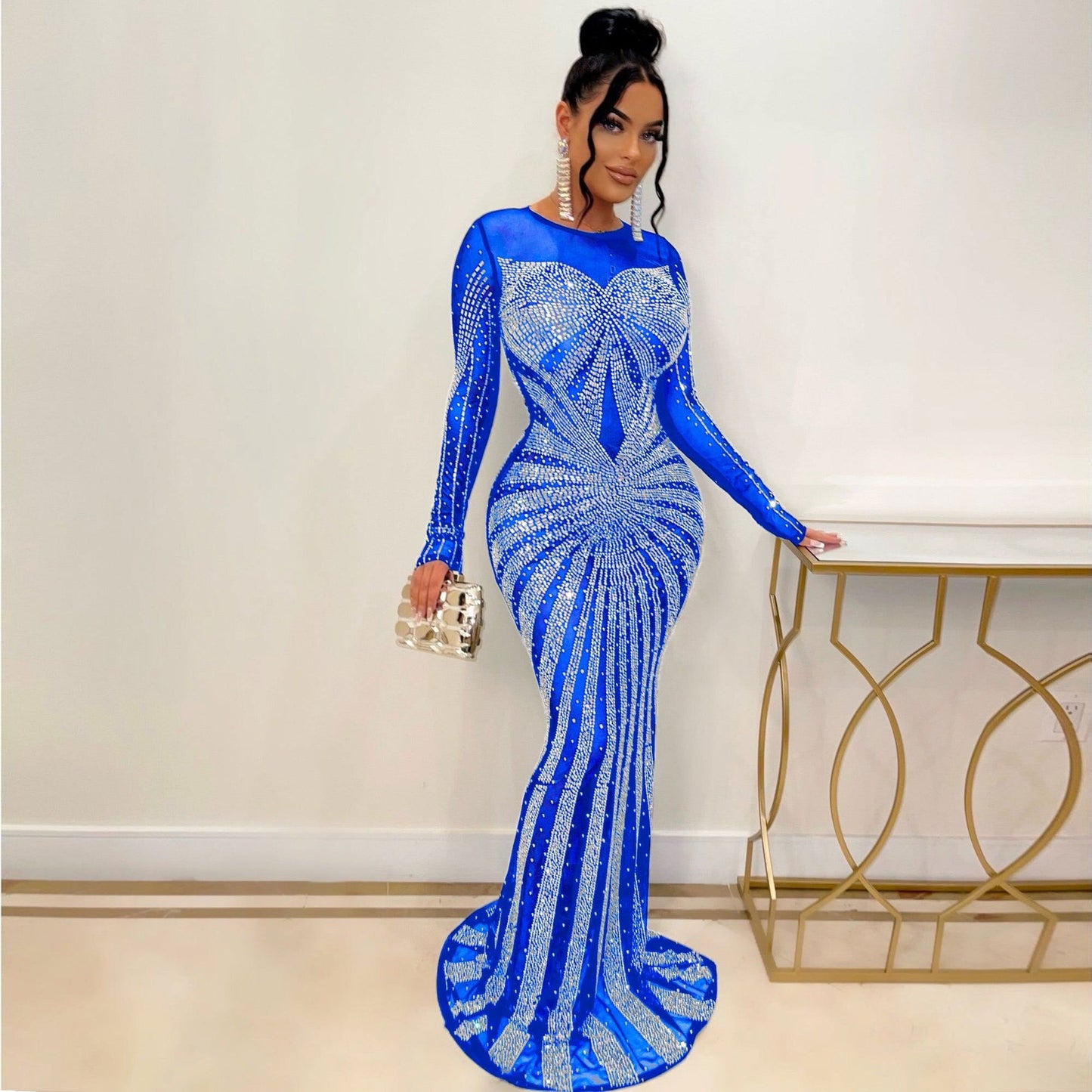 vmtvr Sexy Rhinestones Floor-length Evening Dresses Luxury Elegant Women's O-neck Long Sleeve See-through Mesh Night Club Long Dress