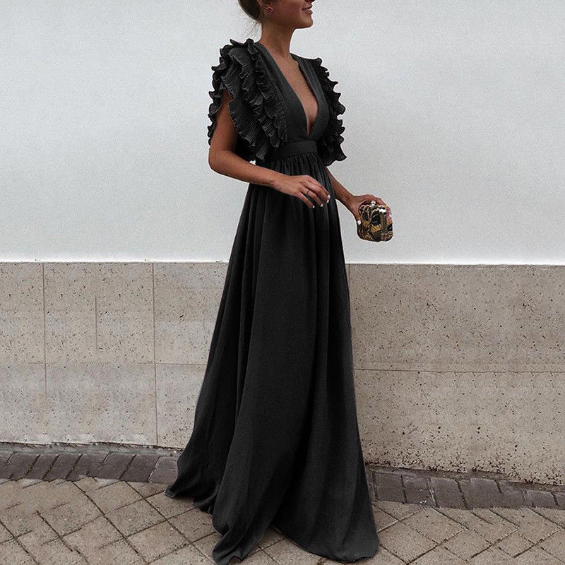 vmtvr Formal Party  Dress Women Deep V-Neck Long Dress Elegant Flying Sleeves Backless Maxi Evening Dresses Robe De Soiree