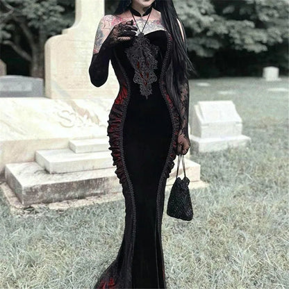 vmtvr  -  Goth Dark Ladies Elegant Fashion Tight Halter Mermaid Dresses Hotsweet Corset Mesh Maxi Dress Gothic Pleated Bodycon Party Gown