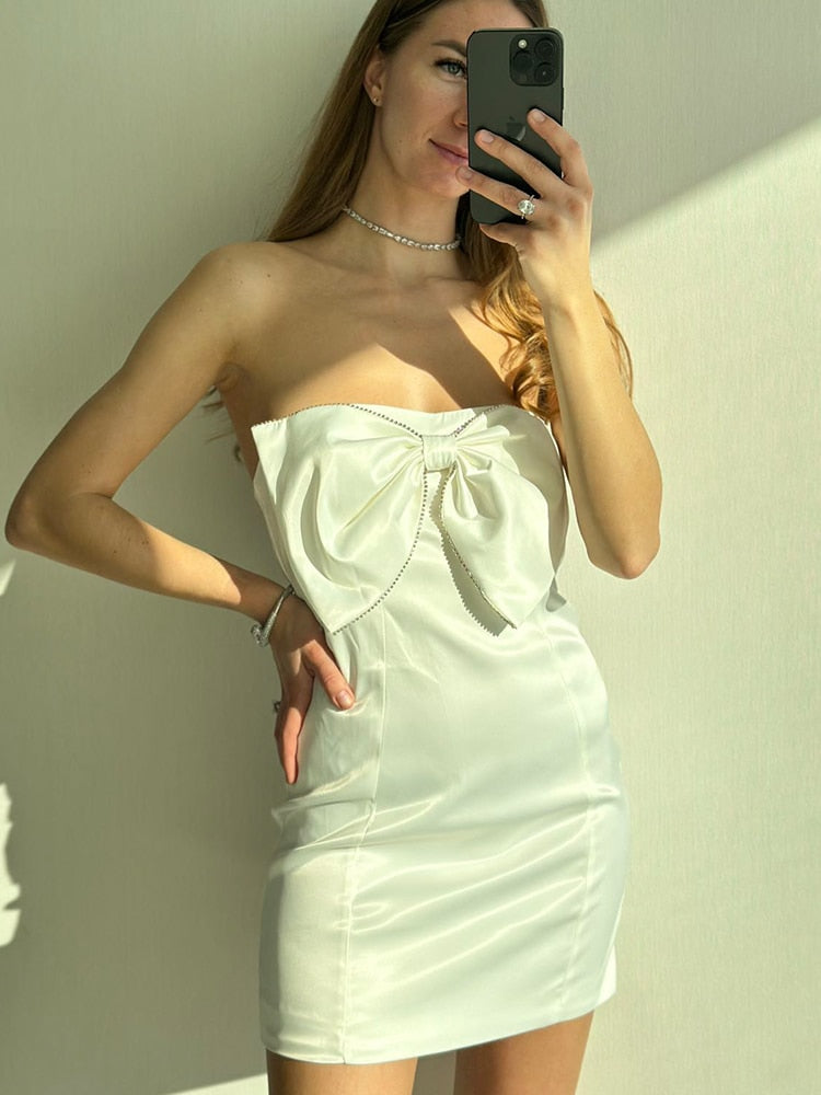 Suninheart Sexy Satin Strapless White Bodycon Dress Mini Diamonds Bow Wedding Guest Night Party Dresses Summer Women Dress