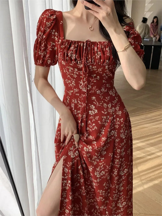 vmtvr Women's Vintage Slim Split Maxi Dress Floral Casual Red Dress Female Fashion Korean Chic Boho Beach Party Spring Summer New