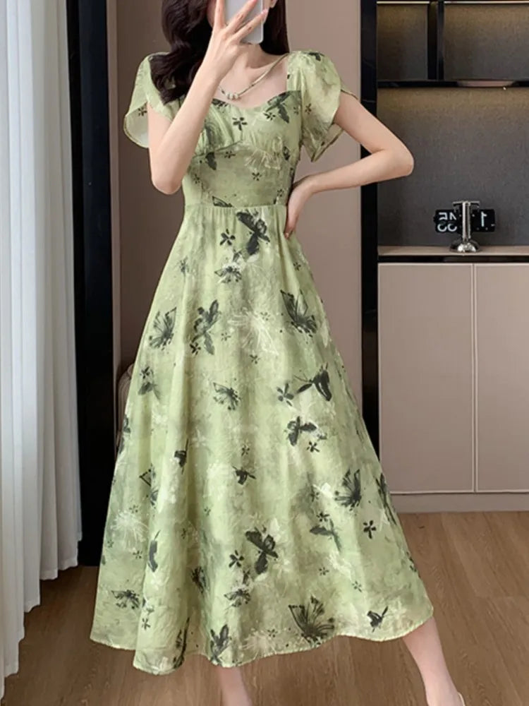 New Women Vintage Floral Print Midi Green Dress Elegant Chic A-Line Party Evening Clothes Female Fashion Casual Vestidos Robe