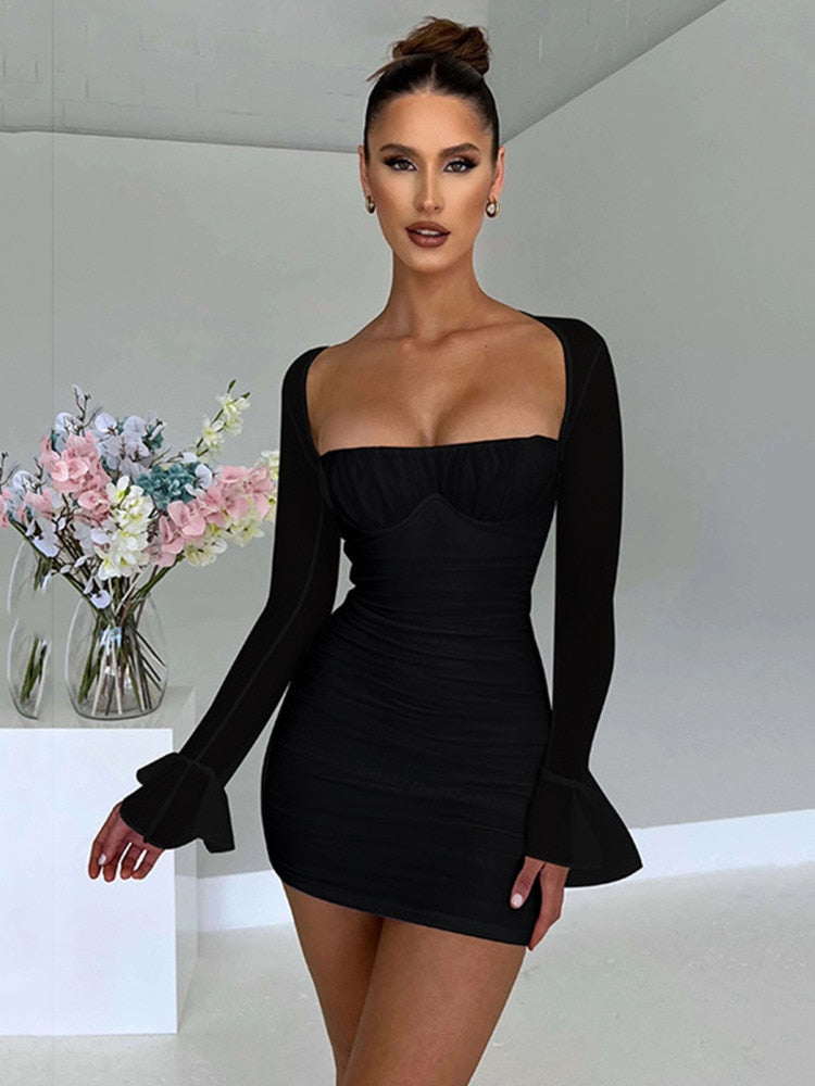 vmtvr - Elegant Backless Sexy Mini Dress For Women Robe Two Layer Mesh Full Sleeve Zipper Bodycon Party Short Dress Vestido