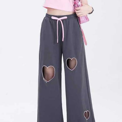 vmtvr Sweet Cute Youth Vintage Love Hollow Out Casual Pants Women's Solid Summer High Waist Drawstring Pockets Loose Straight Trousers