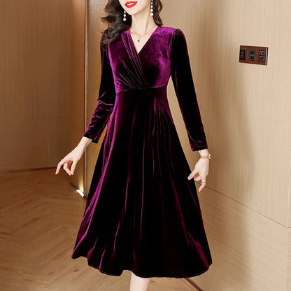 vmtvr  -  Red Velvet V-Neck Casual Loose Long Dress Autumn Winter Korean Vintage  Prom Dresses Women Elegant Luxury Vestidos