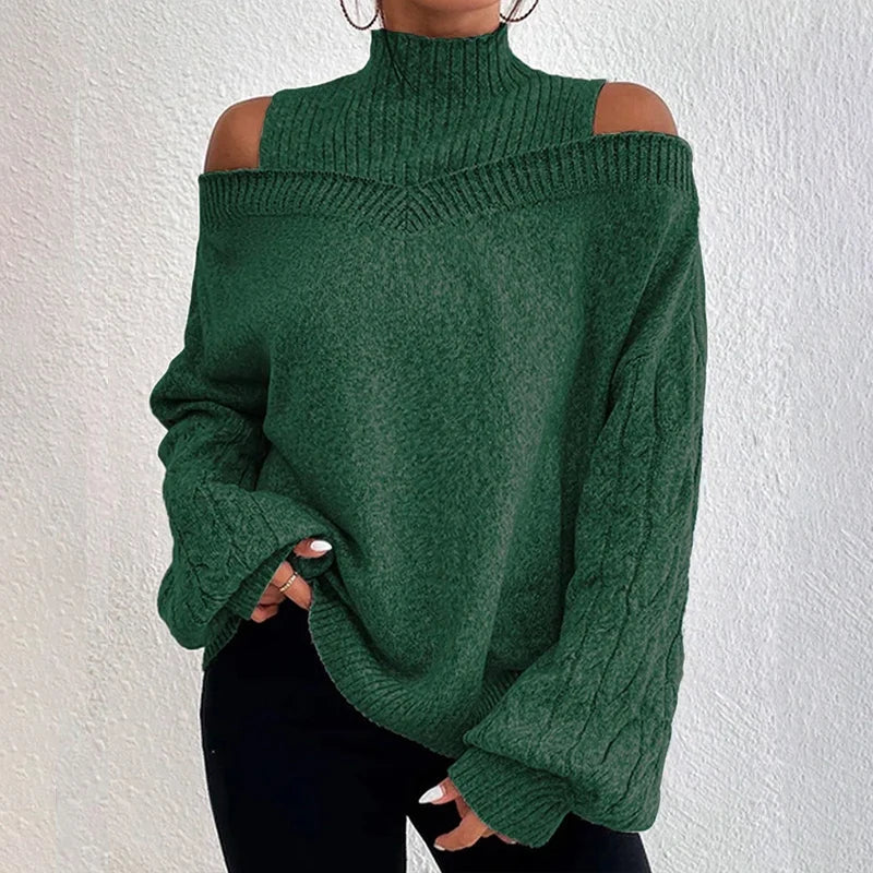 vmtvr Women Long Sleeve Mock Neck Sweaters Autumn WInter Off Shoulder Knitted Pullovers Ladies Casual Loose Sweaters Jersey Mujer