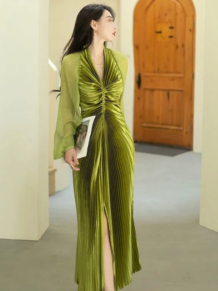 Y2K Pleated Lantern Sleeves Elegant Maxi Dress For Woman Liuli Green Straps Evening Party Clubwear Fashion Slim Bodycon Dresses