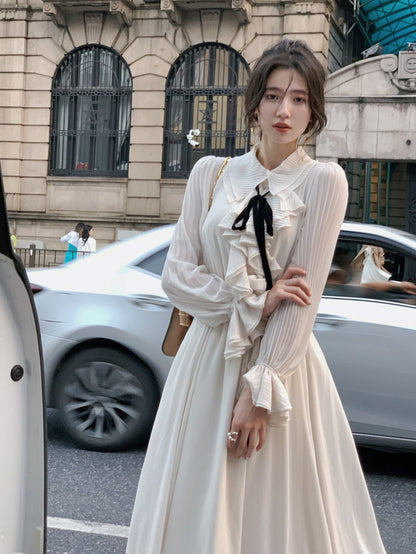 vmtvr - Autumn New Women Elegant Midi Retro French Style A Line  Ruffles Dress Female Vestdios Vintage Fashion  Party Prom Clothes