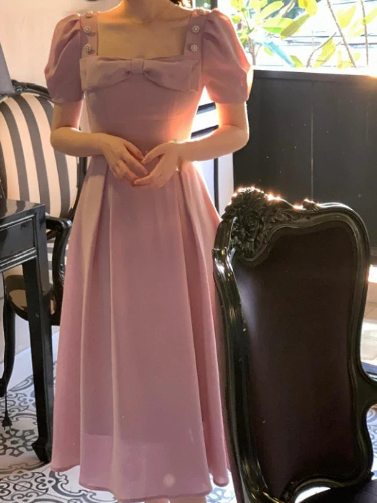 2024 Summer Elegant Vintage Fairy Dress Women Bow Pink Sweet Party Midi Dress Casual Retro Korean Dress Female Puff Sleeve Slim