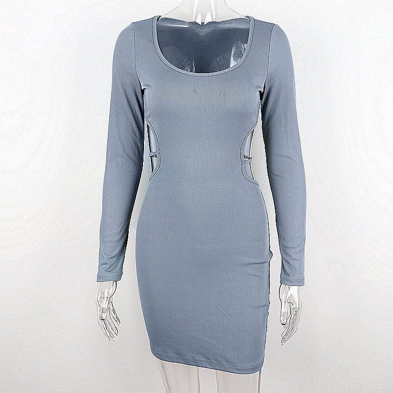 vmtvr - Blue Bodycon Dresses for Women 2023 Spring Fashion Cut Out Lace Up Backless V Neck Long Sleeve Mini Dress