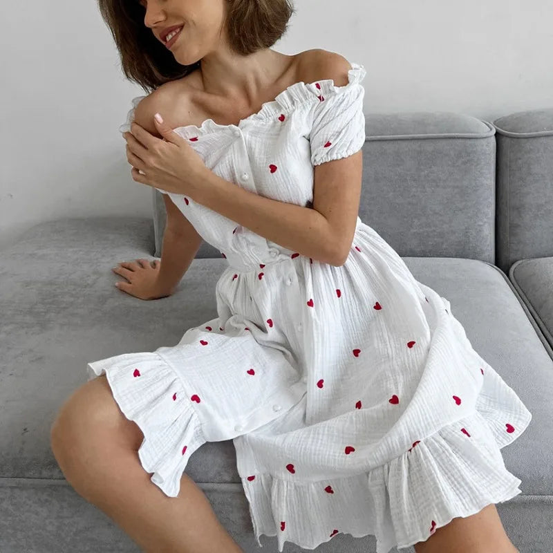 vmtvr  -  Original Crepe Cotton Hemp Love Printed Dress Spring and Summer Women's Slash Neck Bubble Sleeves Leisure Vacation Beach Dress